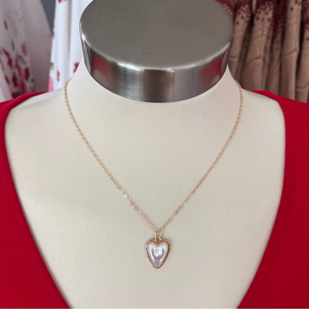 Faux Pearl Heart Gold Tone Necklace